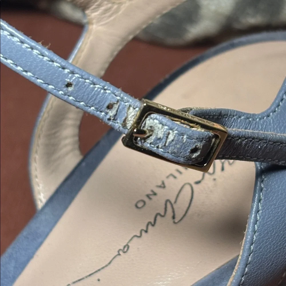 Giorgio Armani blue luxury leather/ suede strappy heeled sandals block heel 8.5